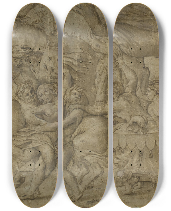 Triptych art skateboard deck of After Enea Vico Battle Of The Lapiths And Centaurs by After Enea Vico (1523-1567)