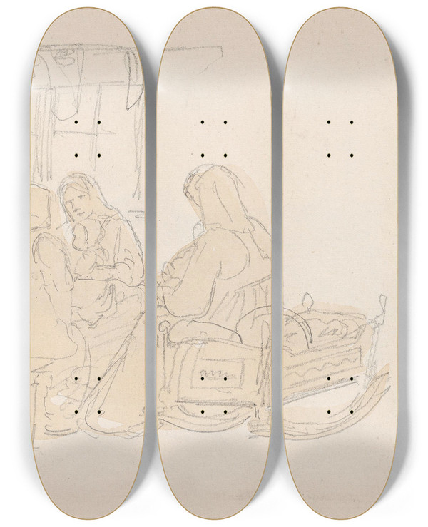 Triptych art skateboard deck of Adolph Tidemand Kvinner Med Barn Osebol by Adolph Tidemand (1814-1876)