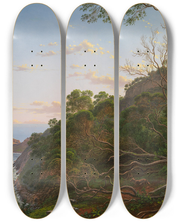 Triptych art skateboard deck of Eugne Von Gurard Tea Trees Near Cape Schanck Victoria by Eugene Von Guerard (1811-1901)