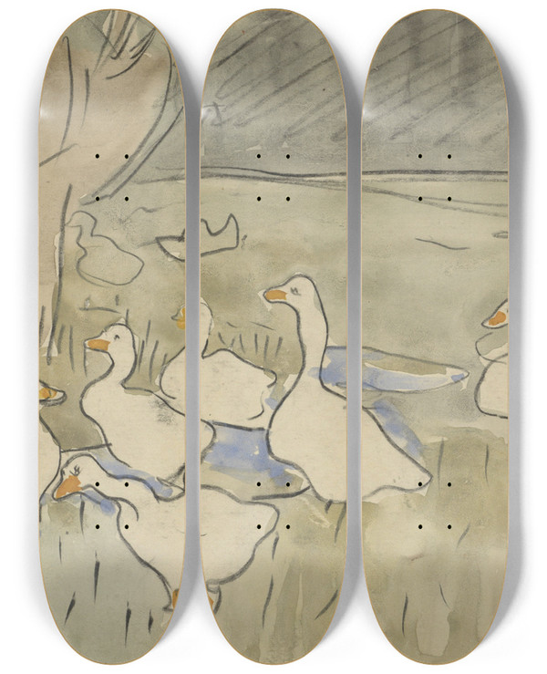 Triptych art skateboard deck of Theo Van Hoytema Ducks by Theo Van Hoytema (1863-1917)