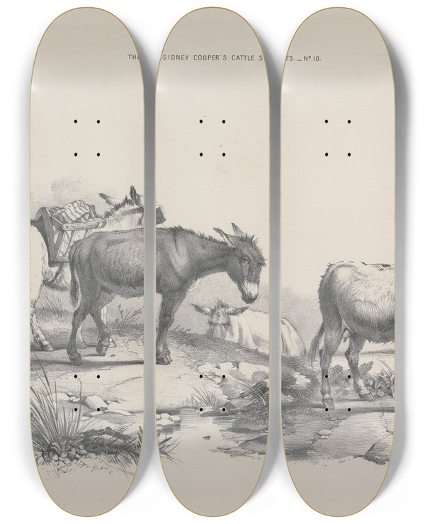 Triptych art skateboard deck of Thomas Sidney Cooper Thomas Sydney Coopers Cattle Subjects Pl10 by Thomas Sidney Cooper (1803-1902)