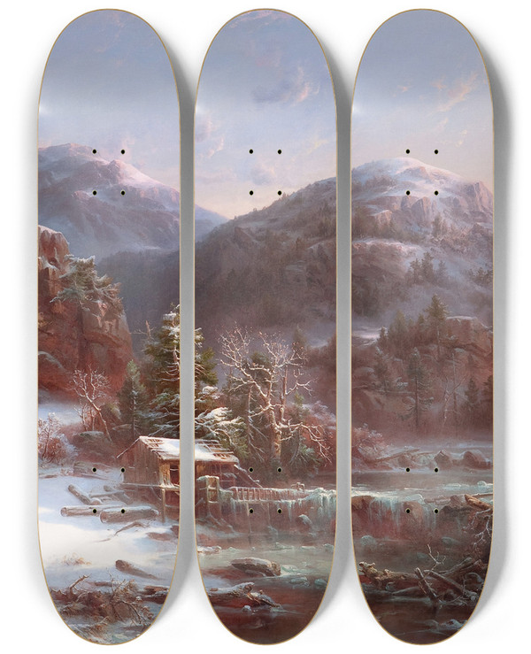 Triptych art skateboard deck of Rgis Franois Gignoux Winter In The Mountains Winter In The Adirondacks by Regis Francois Gignoux (1814-1882)