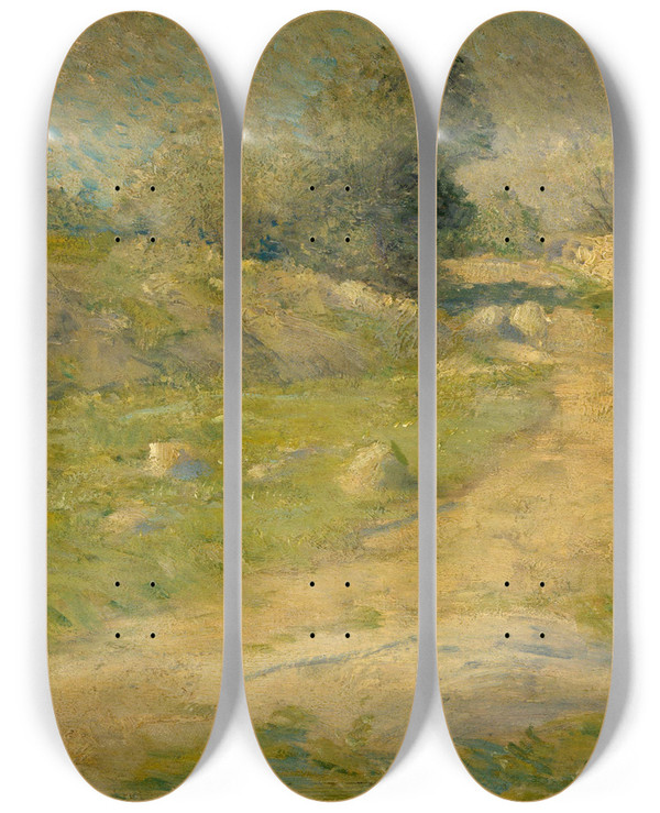 Triptych art skateboard deck of Julian Alden Weir The Lane by Julian Alden Weir (1852-1919)