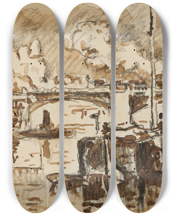 Triptych art skateboard deck of Paul Signac Paris Le Pont De Grenelle by Paul Signac (1863-1935)