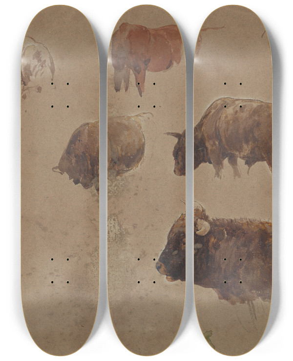 Triptych art skateboard deck of Constant Troyon Studies Ofcattle by Constant Troyon (1810-1865)