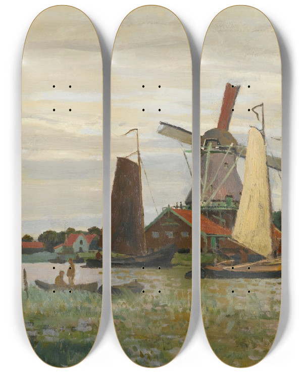 Triptych art skateboard deck of Claude Monet Un Moulin Zaandam by Claude Monet (1840-1926)