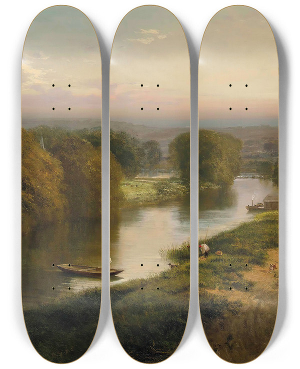 Triptych art skateboard deck of George Cole A Peaceful Day On The River by George Cole (1810-1883)