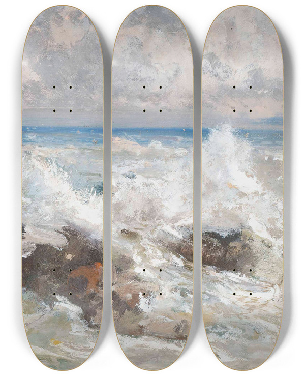 Triptych art skateboard deck of Pompeo Mariani Waves Crashing On The Rocks At Bordighera by Pompeo Mariani (1857-1927)