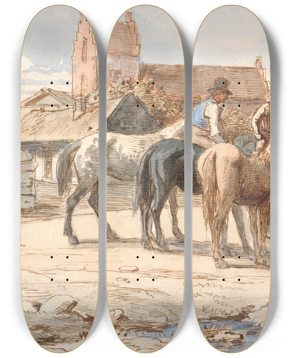 Triptych art skateboard deck of Wilhelm Marstrand Ved Brnden Uden For Landsbyen by Wilhelm Marstrand (1810-1873)