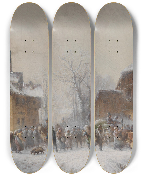 Triptych art skateboard deck of Anton Doll Reges Treiben In Einem Winterlich Verschneiten Dorf by Anton Doll (1826-1887)