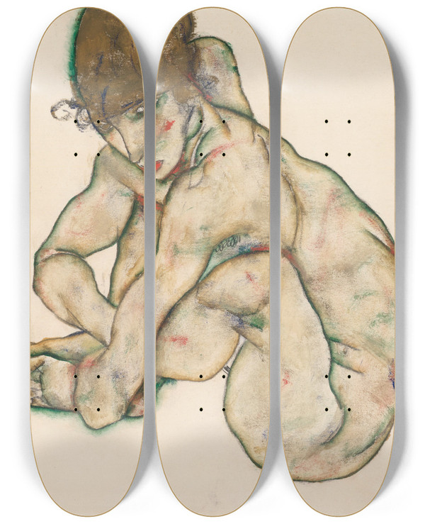 Triptych art skateboard deck of Egon Schiele Crouching Nude Girl by Egon Schiele (1890-1918)