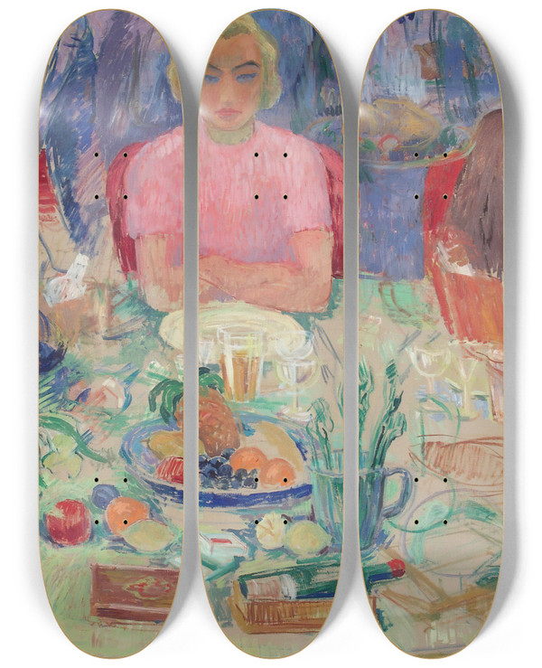 Triptych art skateboard deck of Hjalmar Hagelstam Breakfast Table Unfinished by Hjalmar Hagelstam (1899-1941)