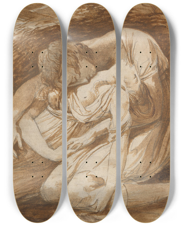 Triptych art skateboard deck of Alexander Runciman Celadon And Amelia From Thomsons The Seasons by Alexander Runciman (1736-1785)