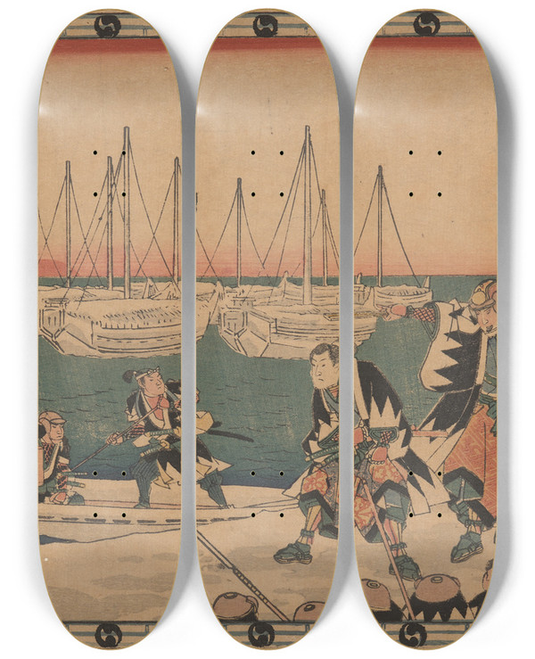 Triptych art skateboard deck of And Hiroshige The Ronin Embarking by Ando Hiroshige (1797-1858)