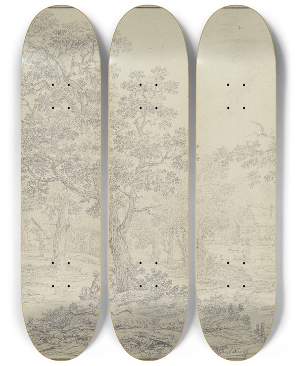 Triptych art skateboard deck of Bernhard Gottfried Manskirch Bauernhof In Einem Eichenwald Im Vordergrund Ein Rastendes Paar Mit Einem Knaben by Bernhard Gottfried Manskirch