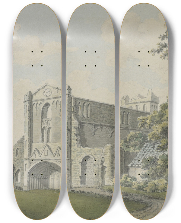 Triptych art skateboard deck of Thomas Hearne Melrose Abbey by Thomas Hearne (1744-1817)