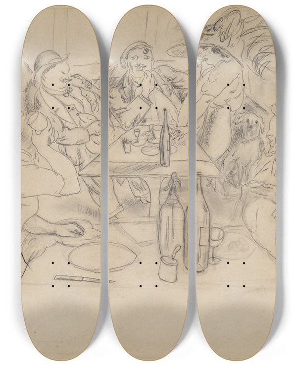 Triptych art skateboard deck of Jules Pascin Cafscene by Jules Pascin (1885-1930)