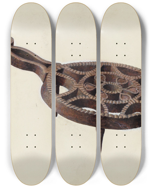 Triptych art skateboard deck of Leslie Macklem Flat Iron Stand by Leslie Macklem