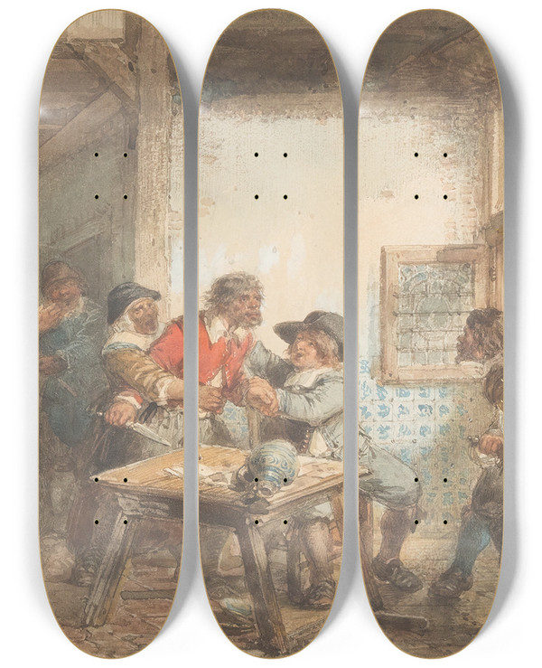 Triptych art skateboard deck of Herman Frederik Carel Ten Kate Dispute In The Tavern by Herman Frederik Carel Ten Kate (1822-1891)
