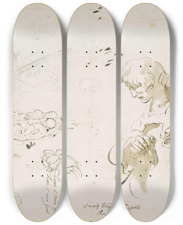 Triptych art skateboard deck of Giovanni Battista Tiepolo Study Sheet With A Young Man In Profile Looking Left Studies Of Figures And Heads by Giovanni Battista Tiepolo (1696-1770)