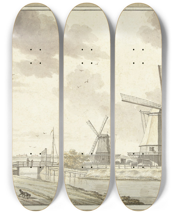 Triptych art skateboard deck of Jan Bulthuis Gezicht Aan De Zandhoek Buiten Haarlemmerpoort Te Amsterdam by Jan Bulthuis (1750-1801)