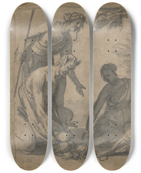 Triptych art skateboard deck of Gerard Van Honthorst Diana And Four Nymphs Receiving Gifts From A Satyr by Gerard Van Honthorst (1592-1656)