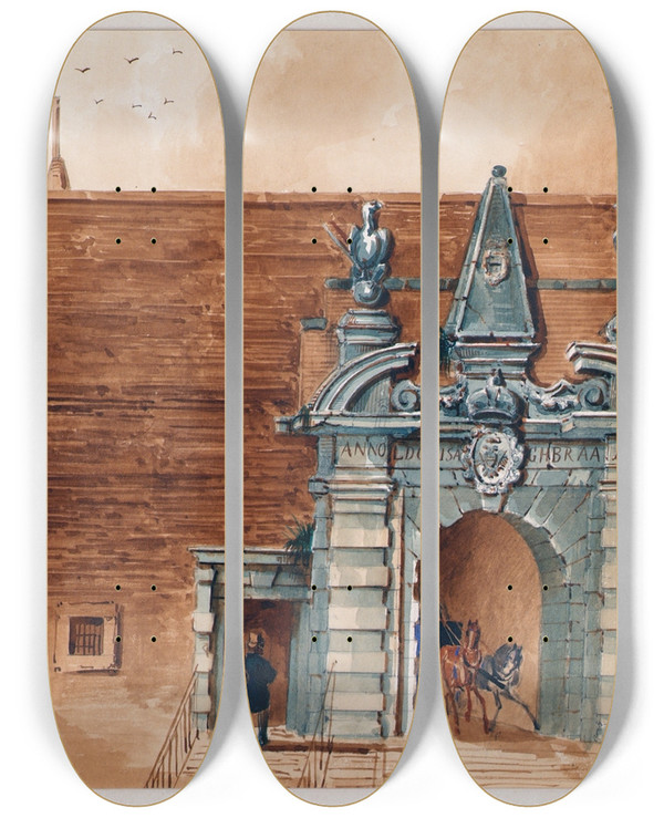 Triptych art skateboard deck of Anton Stutzinger Das Alte Krntnertor In Wien Von Auen by Anton Stutzinger (1821-1879)