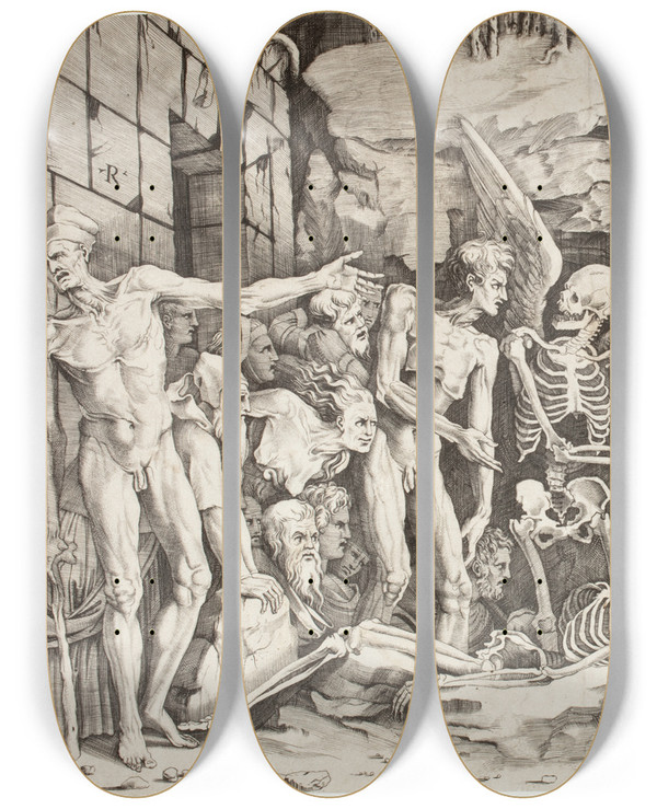 Triptych art skateboard deck of Baccio Bandinelli The Skeletons by Baccio Bandinelli (1493-1560)