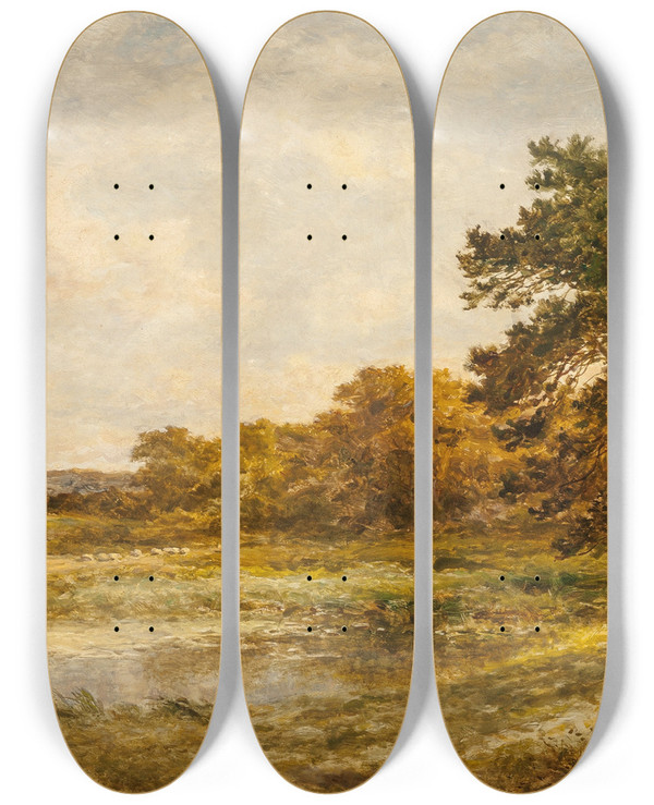 Triptych art skateboard deck of Benjamin Williams Leader A Reedy Pool by Benjamin Williams Leader (1831-1923)