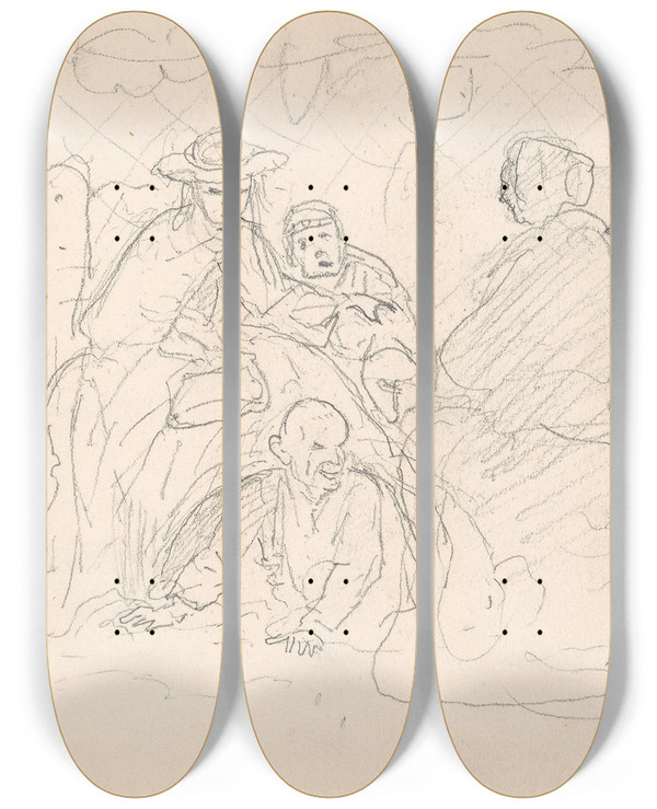 Triptych art skateboard deck of Adolph Tidemand Figurscene by Adolph Tidemand (1814-1876)