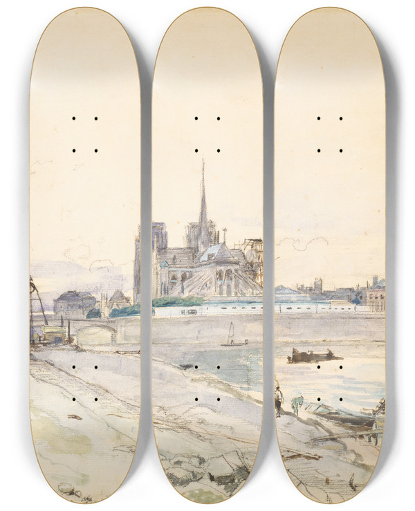 Triptych art skateboard deck of Johan Barthold Jongkind Notre Dame Of Paris Seen From The Quai De Latournelle by Johan Barthold Jongkind (1819-1891)