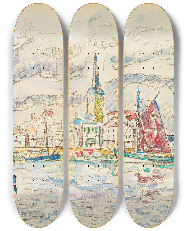 Triptych art skateboard deck of Paul Signac Les Sablesdolonne_2 by Paul Signac (1863-1935)