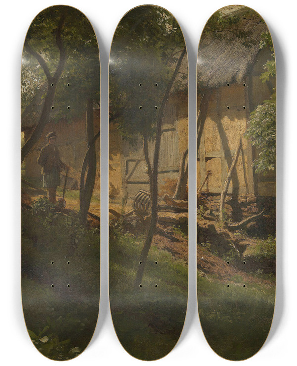 Triptych art skateboard deck of Hans Gude German Farm by Hans Gude (1825-1903)
