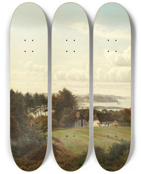 Triptych art skateboard deck of Anton Erik Christian Thorenfeld A Danish Farmstead by Anton Erik Christian Thorenfeld (1839-1907)