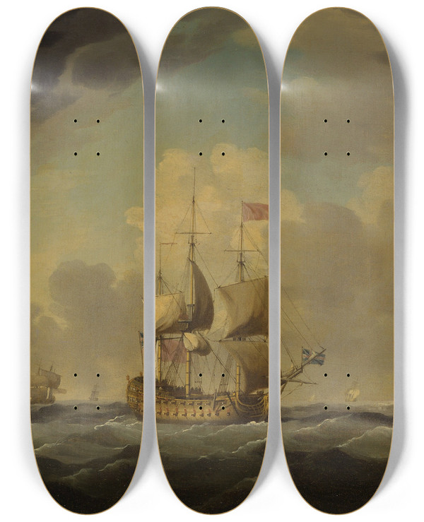 Triptych art skateboard deck of Charles Brooking An English Flagship Under Easy Sail In A Moderate Breeze by Charles Brooking (1723-1759)