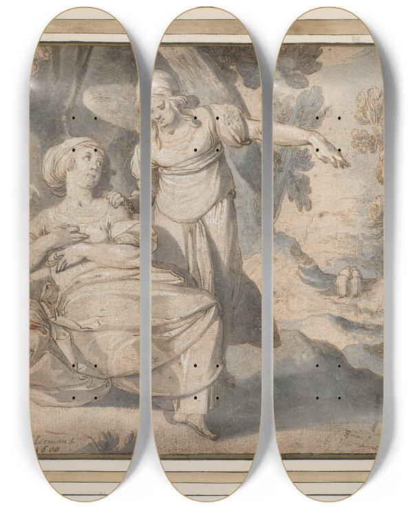 Triptych art skateboard deck of Pieter Lastman Hagar And The Angel_2 by Pieter Lastman (1583-1633)