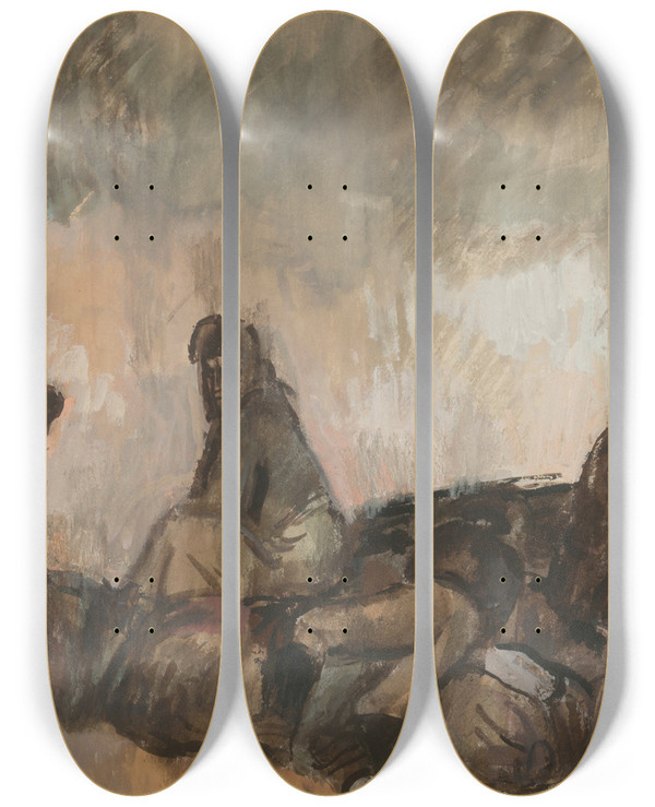 Triptych art skateboard deck of Cyprin Majernk Refugees_3 by Cyprian Majernik (1909-1945)