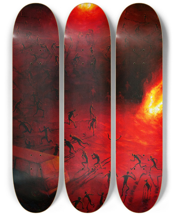 Triptych art skateboard deck of Tiit Psuke Erastamisdokumentide Pletamine 20022012 by Tiit Paasuke (1941)