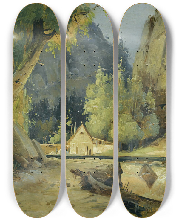 Triptych art skateboard deck of Carl Blechen Mill In A Valley by Carl Blechen (1798-1840)