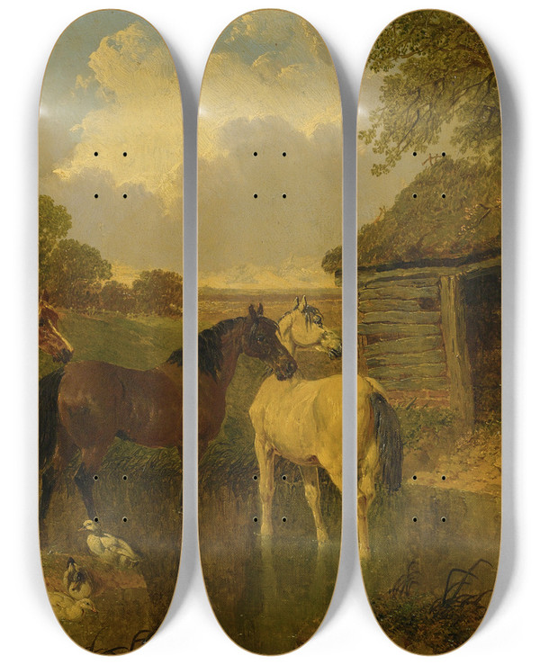 Triptych art skateboard deck of John Frederick Herring Jr A Farmyard by John Frederick Herring Jr (1820-1907)