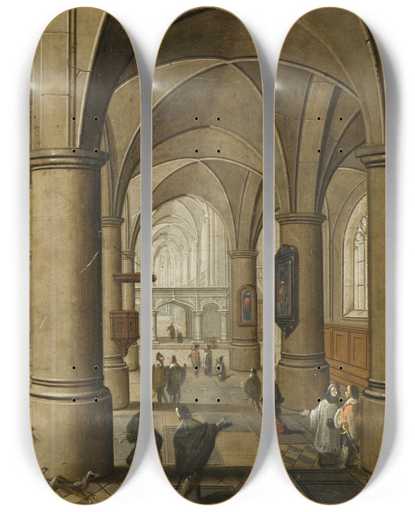 Triptych art skateboard deck of Pieter Neeffs The Younger Interior Of A Gothic Church by Pieter Neeffs The Younger (1620-1675)