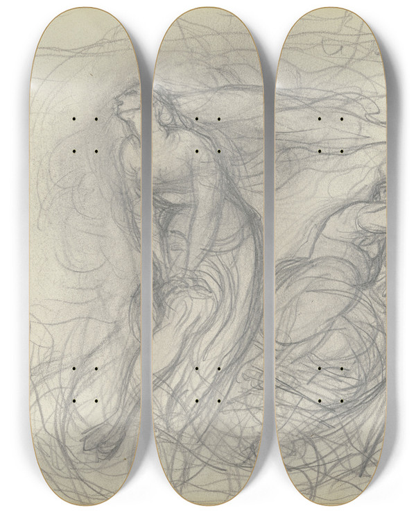 Triptych art skateboard deck of Victor Mller Klagende Frau Rechts Von Ihr Eine Entsetzt Zurckweichende Gestalt by Victor Muller (1829-1871)