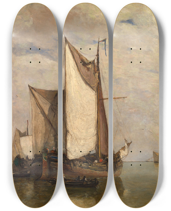 Triptych art skateboard deck of Paul Jean Clays Calm Before The Storm At Dordrecht by Paul Jean Clays (1817-1900)