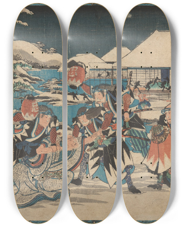 Triptych art skateboard deck of And Hiroshige Capture Of Moronao In Snow by Ando Hiroshige (1797-1858)
