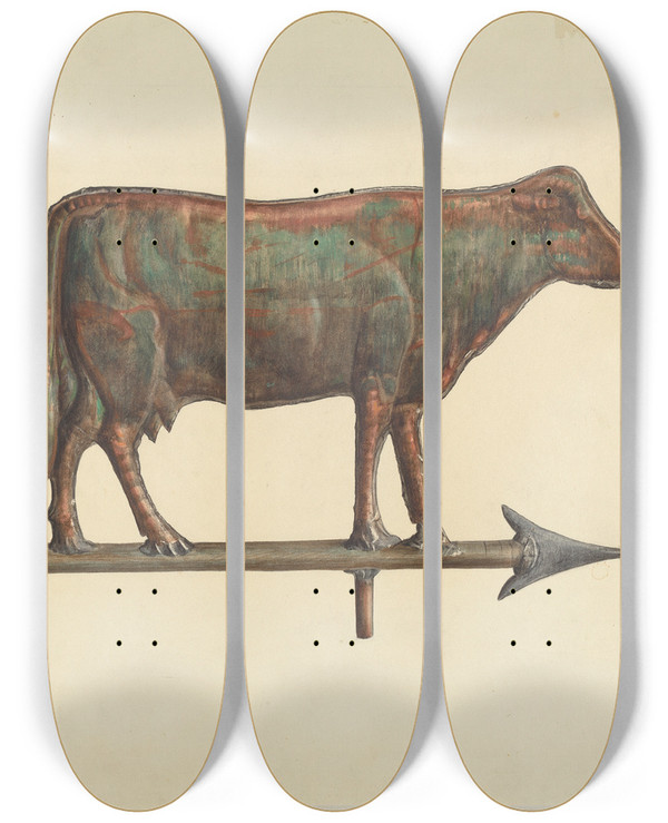 Triptych art skateboard deck of Mina Lowry Cow Weather Vane by Mina Lowry (1894-1942)