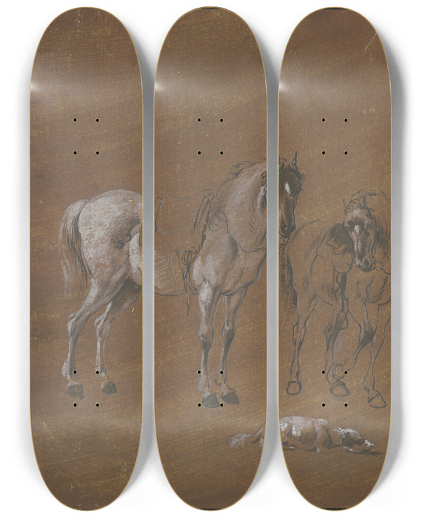 Triptych art skateboard deck of Johann Georg Wagner Knecht Mit Zwei Pferden Und Ein Knabe Mit Hunden by Johann Georg Wagner (1732-1767)