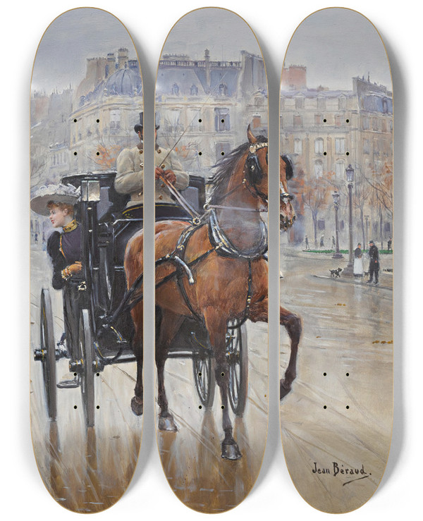 Triptych art skateboard deck of Jean Braud Rondpoint Des Champslyses_2 by Jean Beraud (1849-1935)
