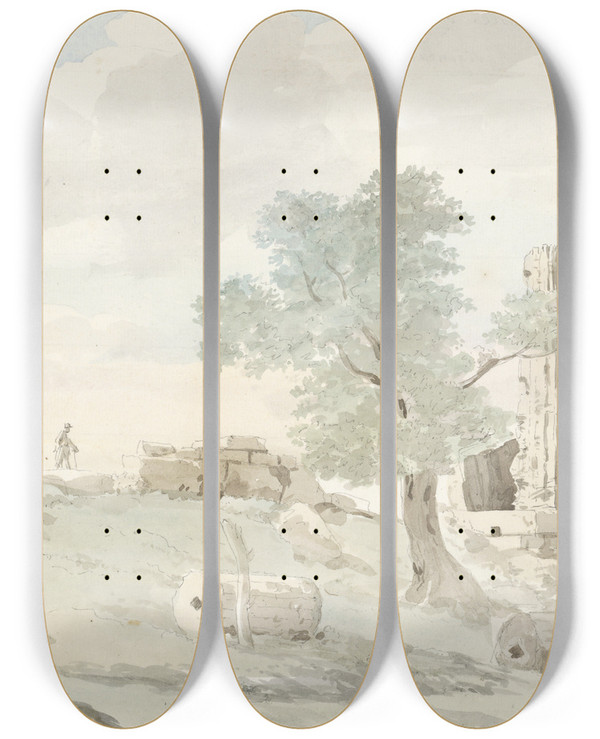 Triptych art skateboard deck of Abrahamlouisrodolphe Ducros Resten Van Herculestempel Binnen Muren Van Oude Agrigento by Abraham-Louis-Rodolphe Ducros (1748-1810)