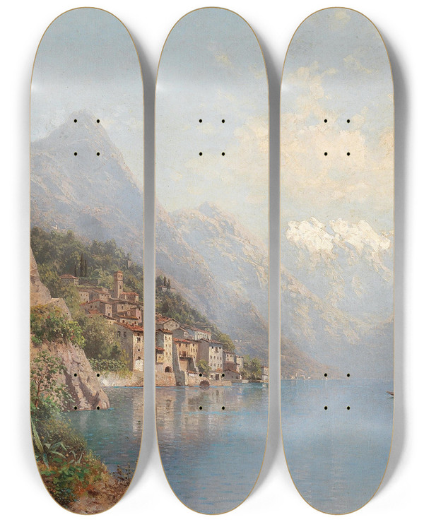 Triptych art skateboard deck of Robert Schultze Gandria On Lake Lugano by Robert Schultze (1828-1910)
