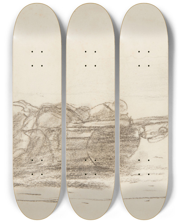 Triptych art skateboard deck of Winslow Homer Fishermen Climbing Over Gunwales Cullercoats England by Winslow Homer (1836-1910)